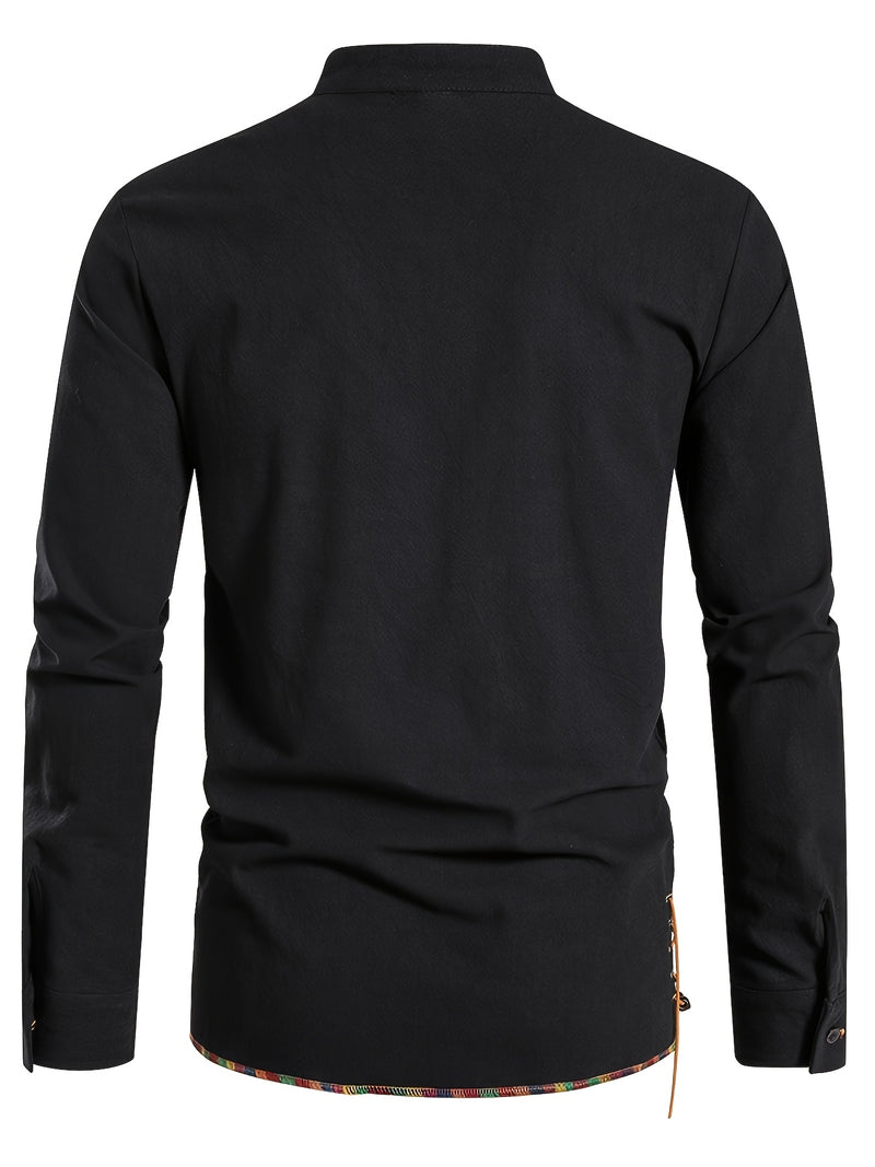 Men's Henley Shirt Long Sleeve Casual Beach Stand Collar Shirt.