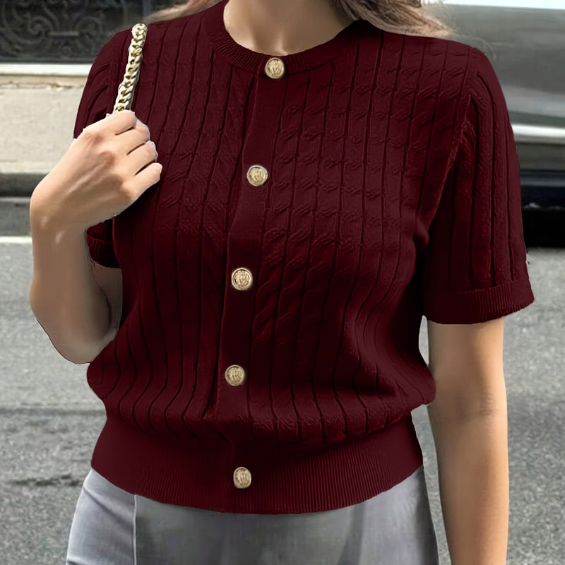 Women's Button-Front Solid Color Cable Blouse.