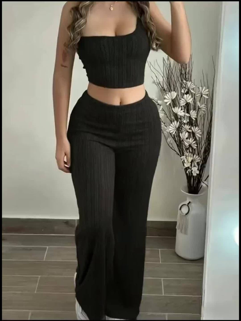 Women’s Black 2pcs Set, One-Shoulder Vest + Long Pants Casual Suit.