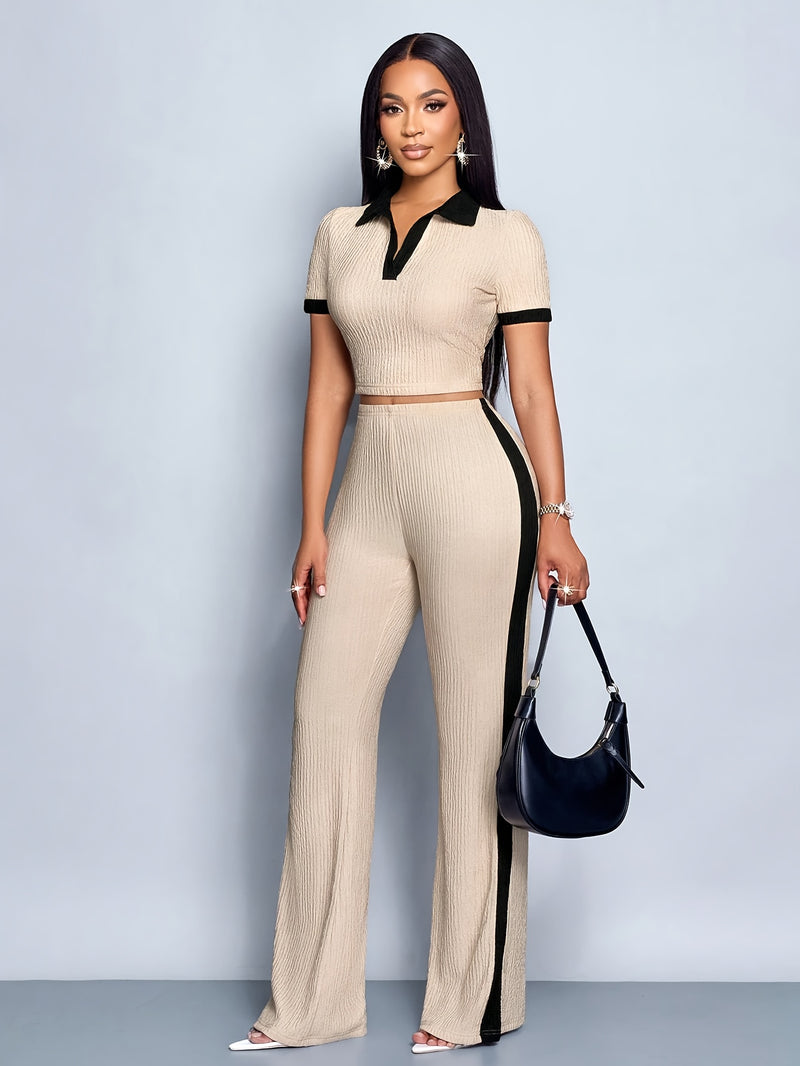 Women's Summer Casual Color Block Collar Short Sleeve T-Shirt and Flared Pants.