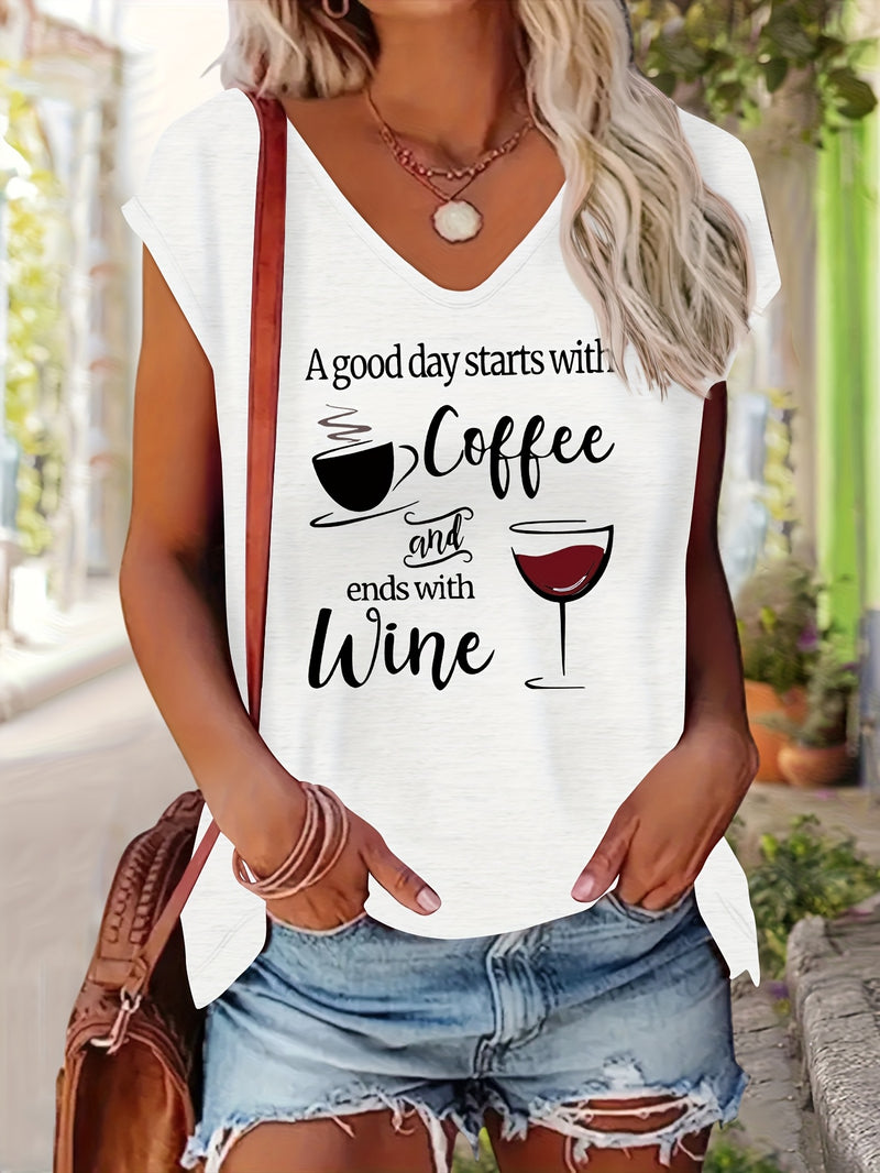 Women’s Comfortable V-Neck Short-Sleeve T-Shirt Features a Print.