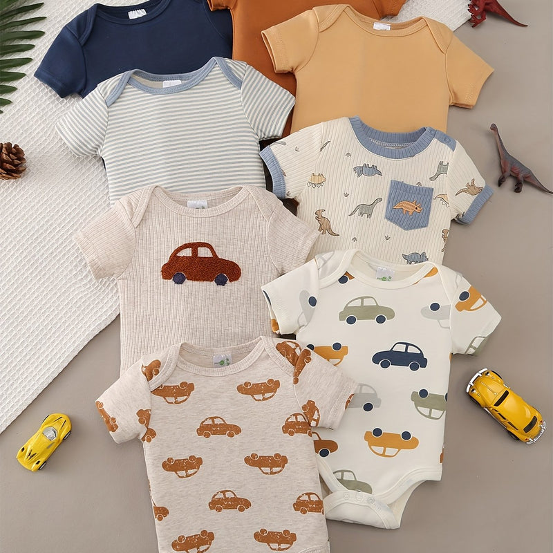 8pcs Newborn Baby Comfortable Bodysuit, Cartoon  and Animal Patterns.
