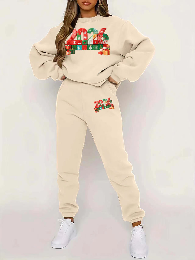 Women's Pullover Round Neck Sweatshirt And Tapered Pants Two-Piece Set.