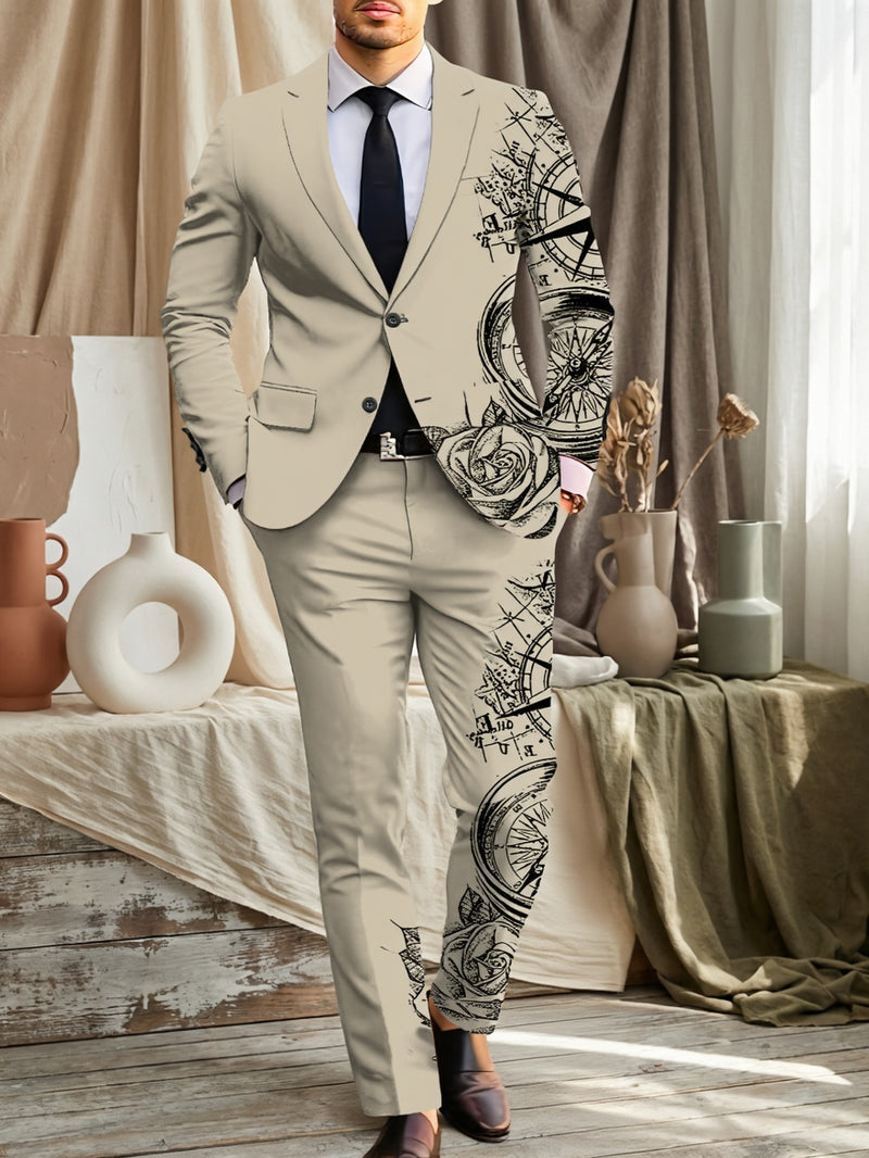 Men's Suit Set: Printed Business Suit Jacket and Trousers 2pcs Set.