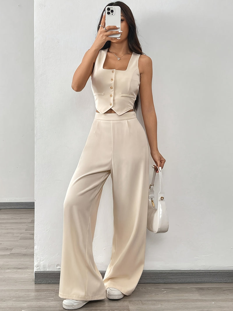 Women’s Apricot-Colored Sleeveless Cardigans with Square Necklines And Loose-Fitting Wide-Leg Pants.