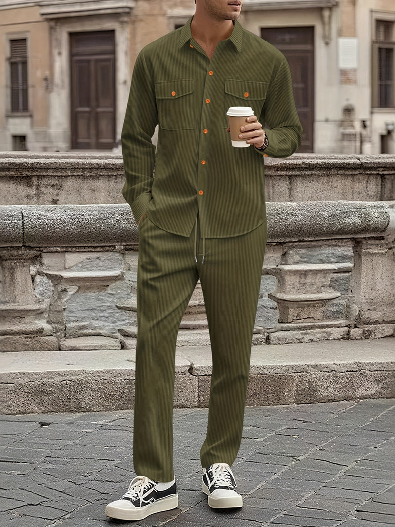Men'S Casual Two-Piece Set - Olive Green Corduroy  Shirt & Pants.