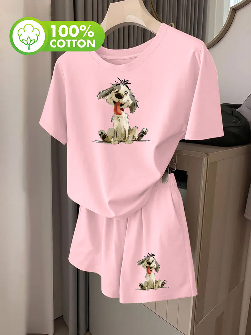Women's Fashion Cartoon Puppy Print Short Sleeve T-Shirt and Shorts.