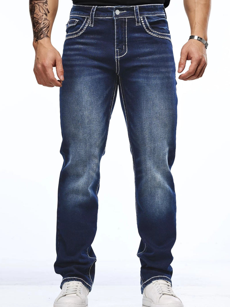 Men's Vintage-Inspired Slim Fit Embroidered Stretch Jeans.