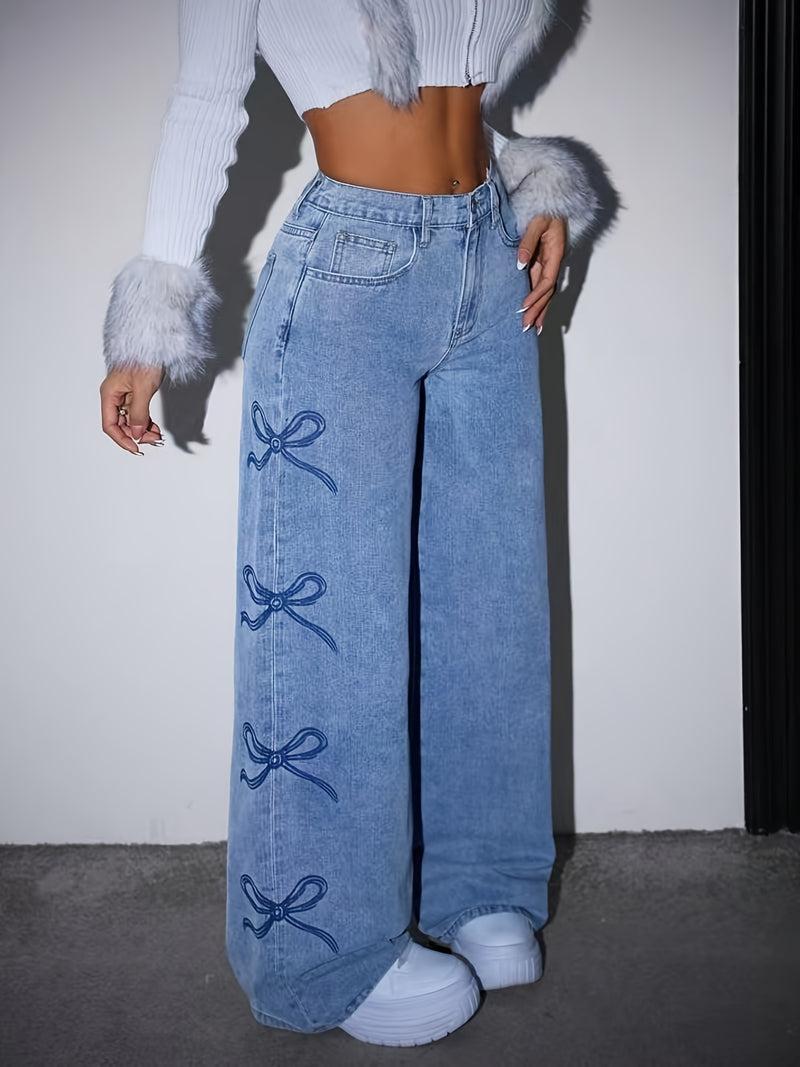 Women’s New Style Wide-Leg Jeans with Bow Embroidery.