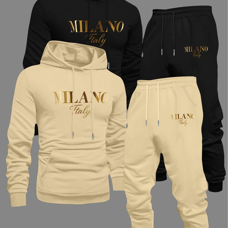 Men's Fashion Slogan Hoodie Four-Piece Set with Drawstring Elastic.