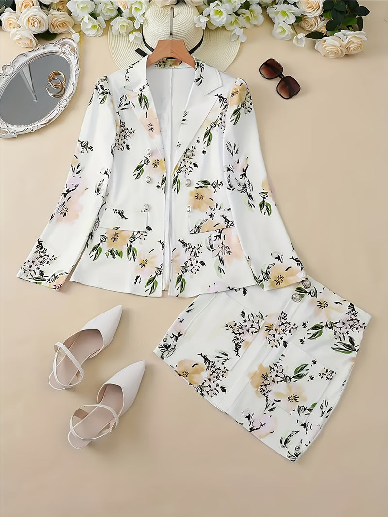 Women's Elegant Floral Print Blazer & Skirt Set.