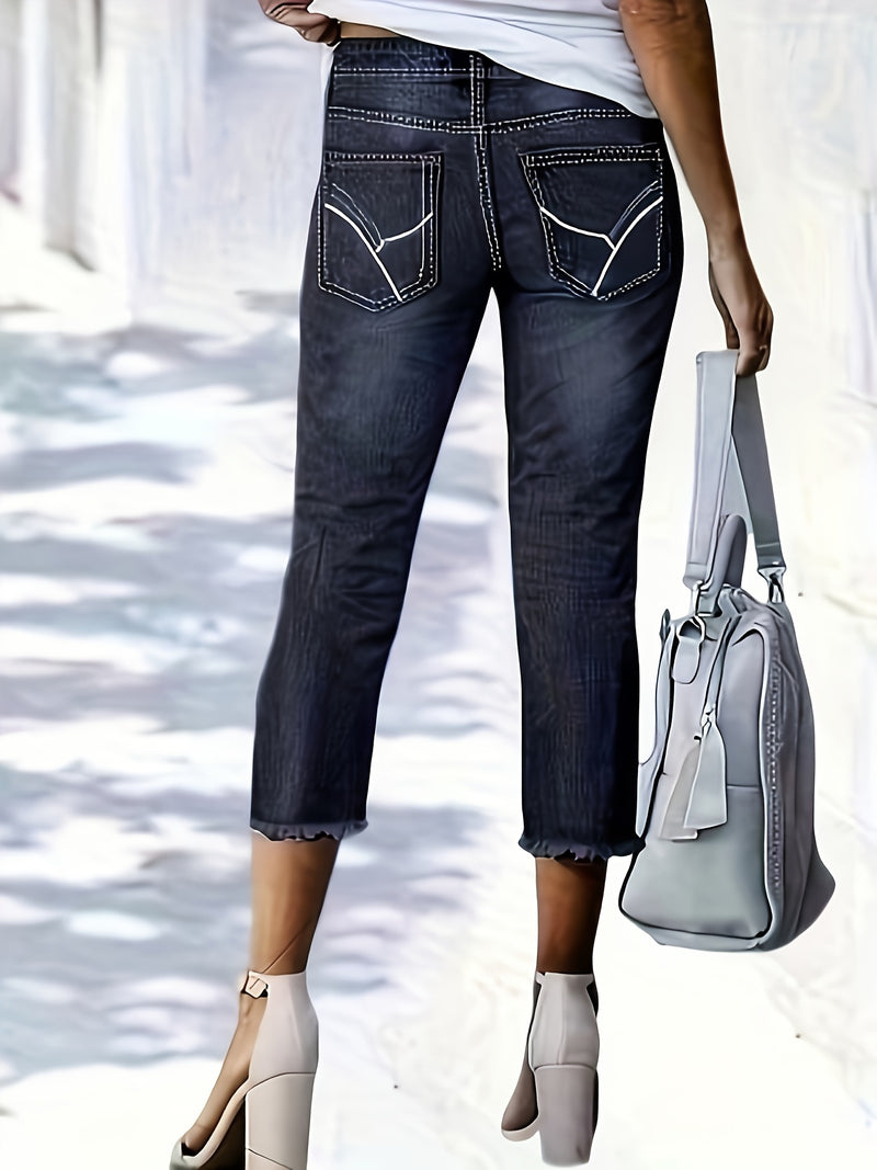 Women's Stylish Versatile Embroidered Frayed Hem Cropped Jeans.