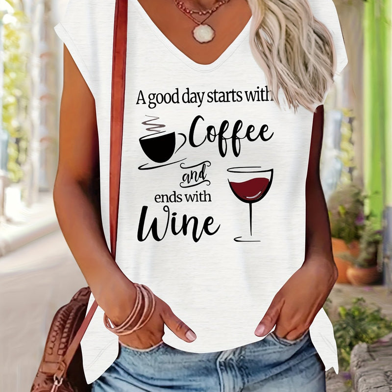 Women’s Comfortable V-Neck Short-Sleeve T-Shirt Features a Print.