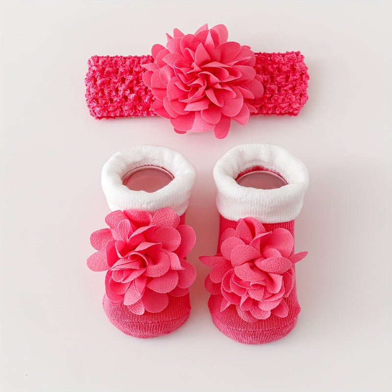 A Set of 1 Pair of Baby Flower Socks Along with a Baby Mesh Headband.