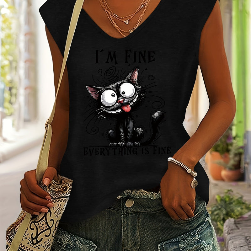 Women’s Cute Cat Print Rayon V-Neck Short Sleeve T-Shirt.