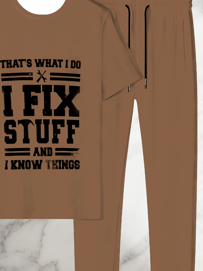 Men's Casual Sports Brown Letter Print Set.