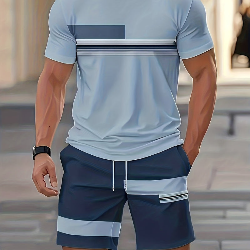 1 Set of 2pcs Men's Casual Outfit, Round-neck T-shirt + Shorts Set.