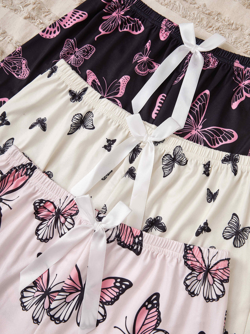 3pcs Allover Butterfly Print Clothing Bottoms, Casual Bow Decor Elastic Fit Shorts.