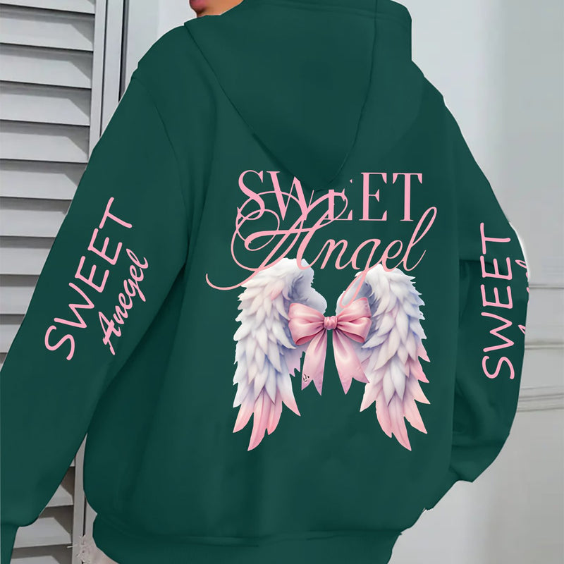 Women's Oversized Hoodie with Pink Wings & Angel Design.