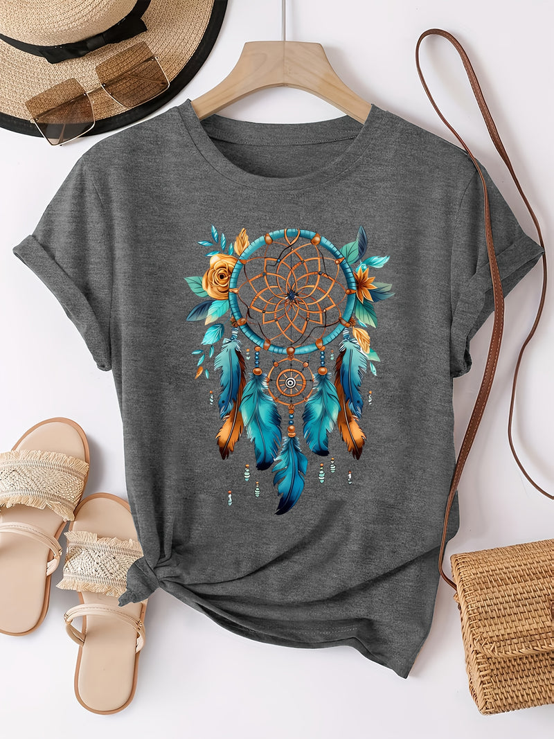 Women's Bohemian Dreamcatcher Floral Print T-Shirt.