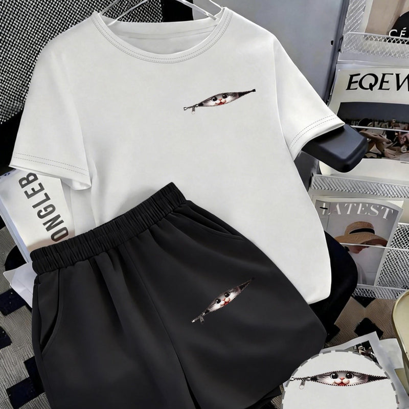 Women's Trendy Casual Sports Short-Sleeve Top And Shorts Set.