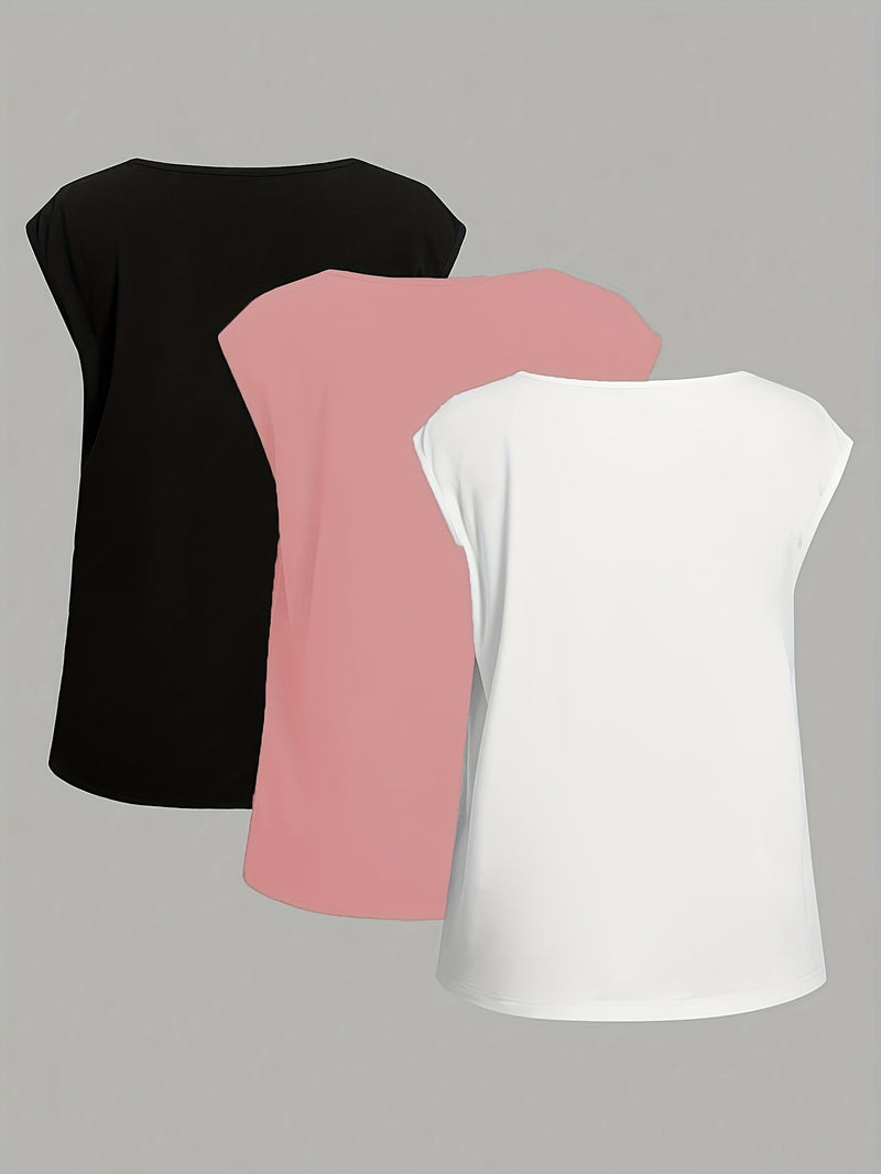 3pcs Set of Casual Floral, Heart, And Leopard Print Round Neck Fitted T-Shirts for Women.