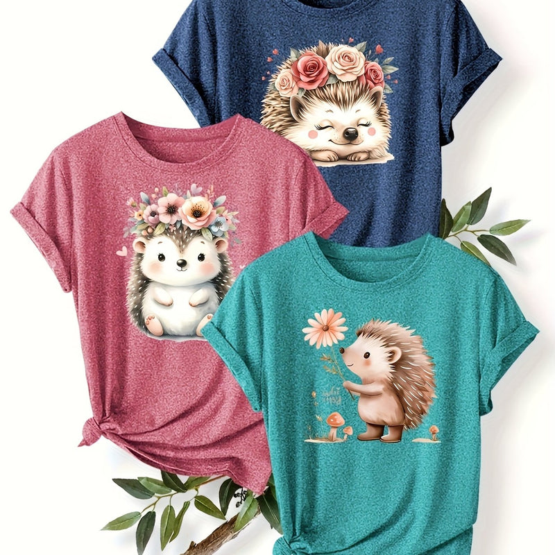 3pcs Women's Cute Hedgehog Graphic T-Shirts.