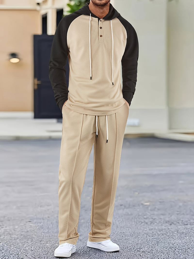 Men's Waffle 2pcs Hooded Sweatshirt Set Top Color Block.