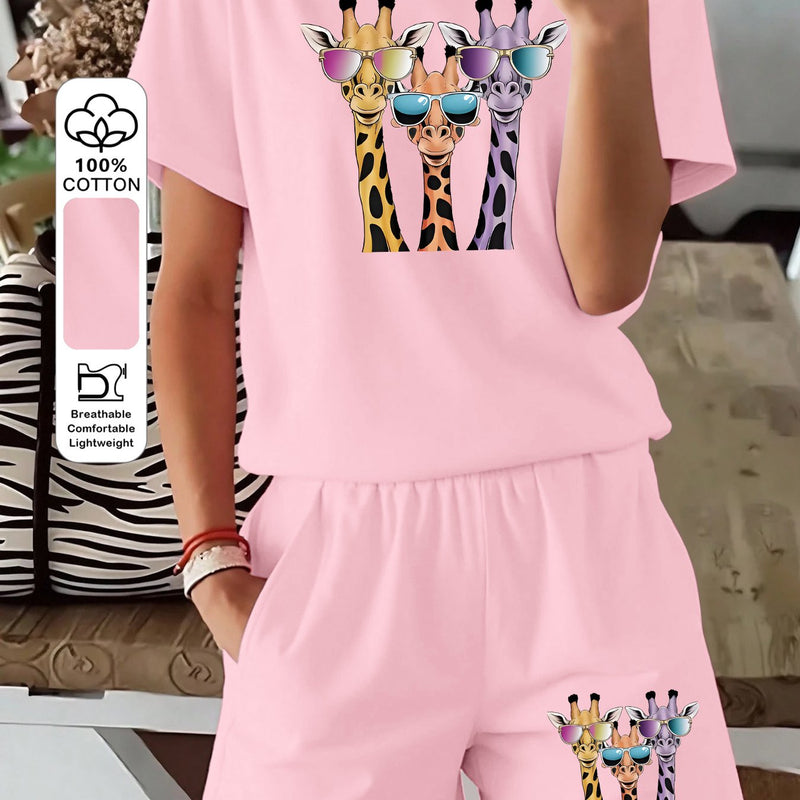 Women's Three-piece Fashionable Giraffe Print Short-sleeve Top and Shorts.