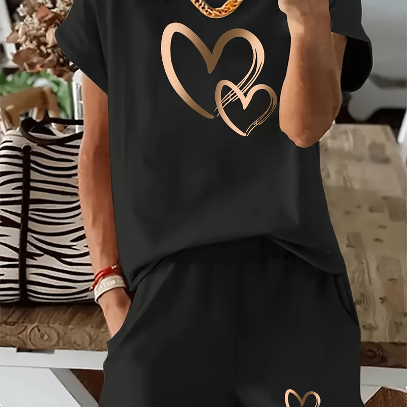 Women's Sporty Two-Piece Set: Round Neck Short Sleeve T-Shirt + Pocketed Shorts.