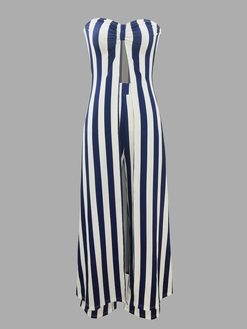 Women's Off-Shoulder Pantsuit with Side Pockets, Featuring Striped Prints.