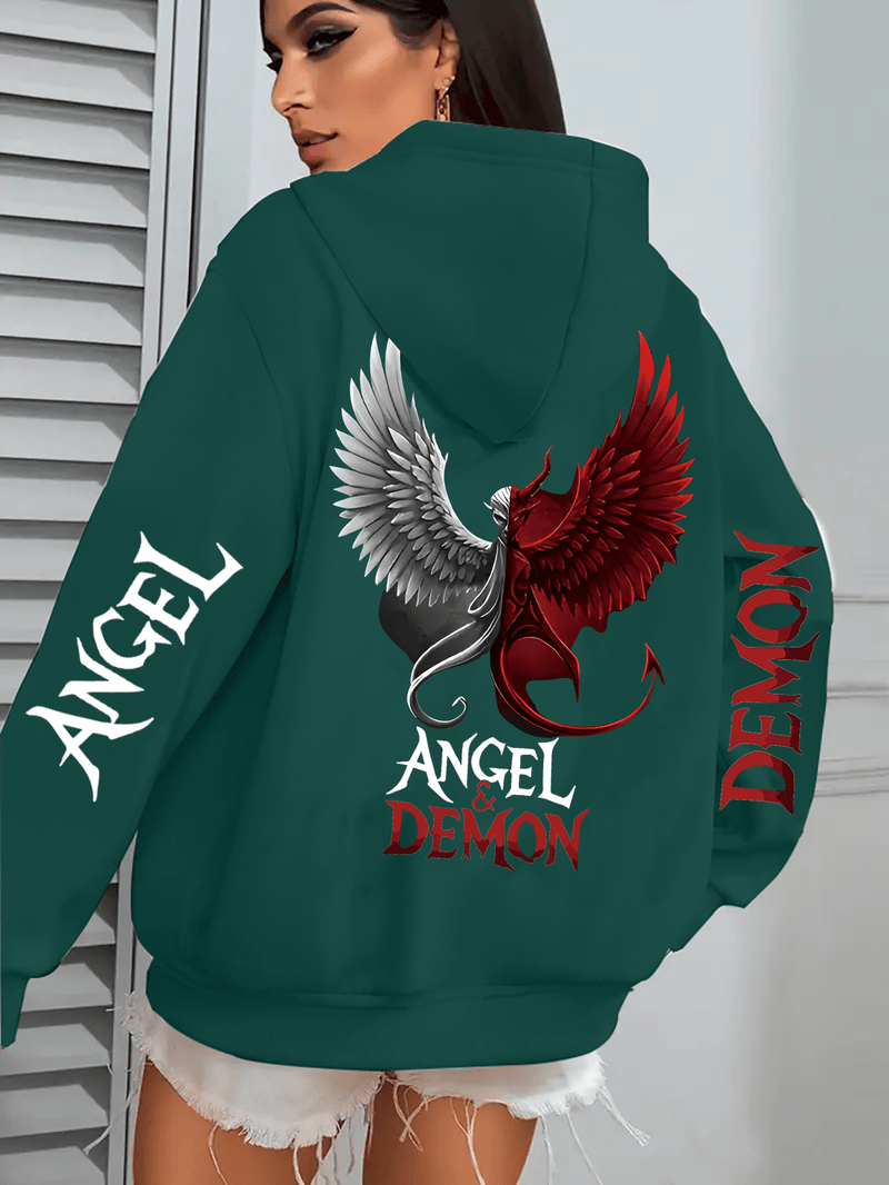 Hooded Sweatshirt with Angel and Demon Print.
