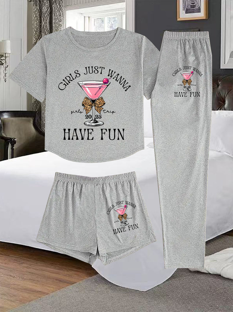 A Three-Piece Women's Loungewear Set, Featuring a Printed Design.