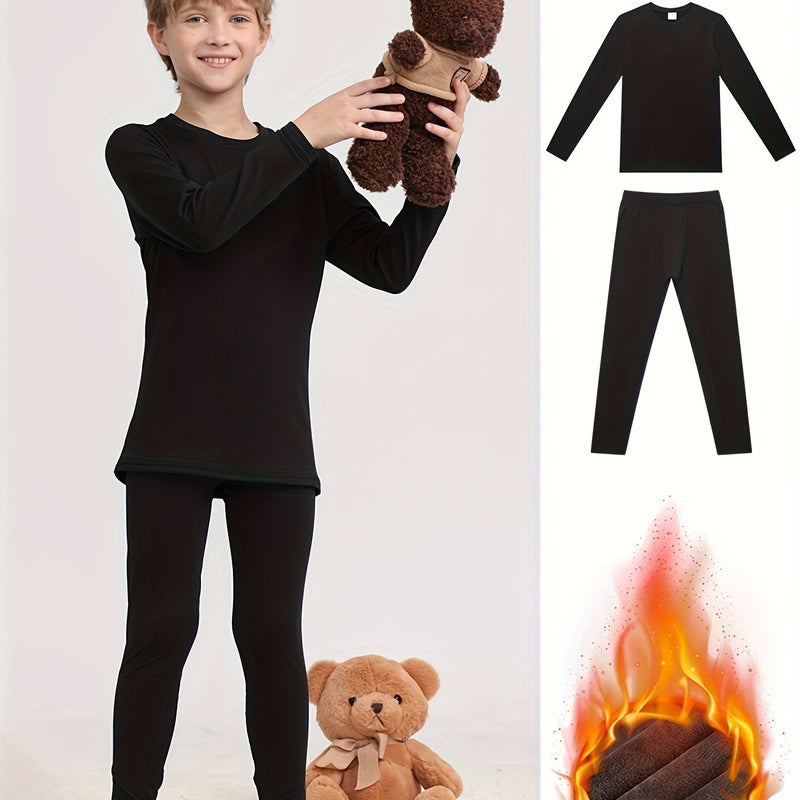 Warm Clothing Set for Boys, Featuring a Solid Color.
