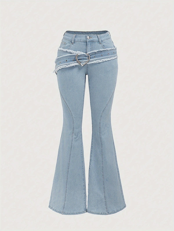 Women's High-Waisted Flare Jeans with Decorative Belt.