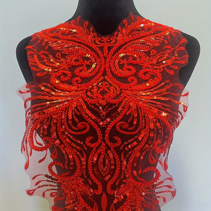 Women’s Elegant Red Embroidered Sequin Dress with Floral Pattern.
