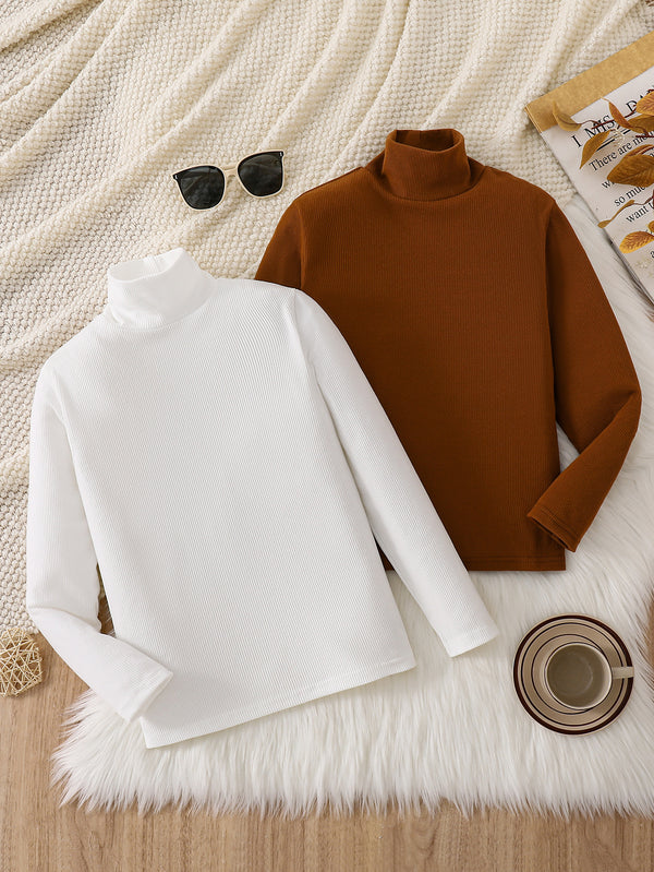 2pcs Set for Boys: Long-Sleeve Knit Sweater in White + Brown T-Shirt.