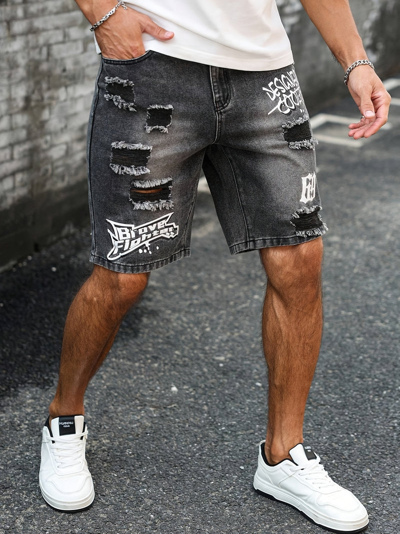 Men'S Casual Distressed Denim Shorts with "DESIGNER COOL" Print - Black & Gray.