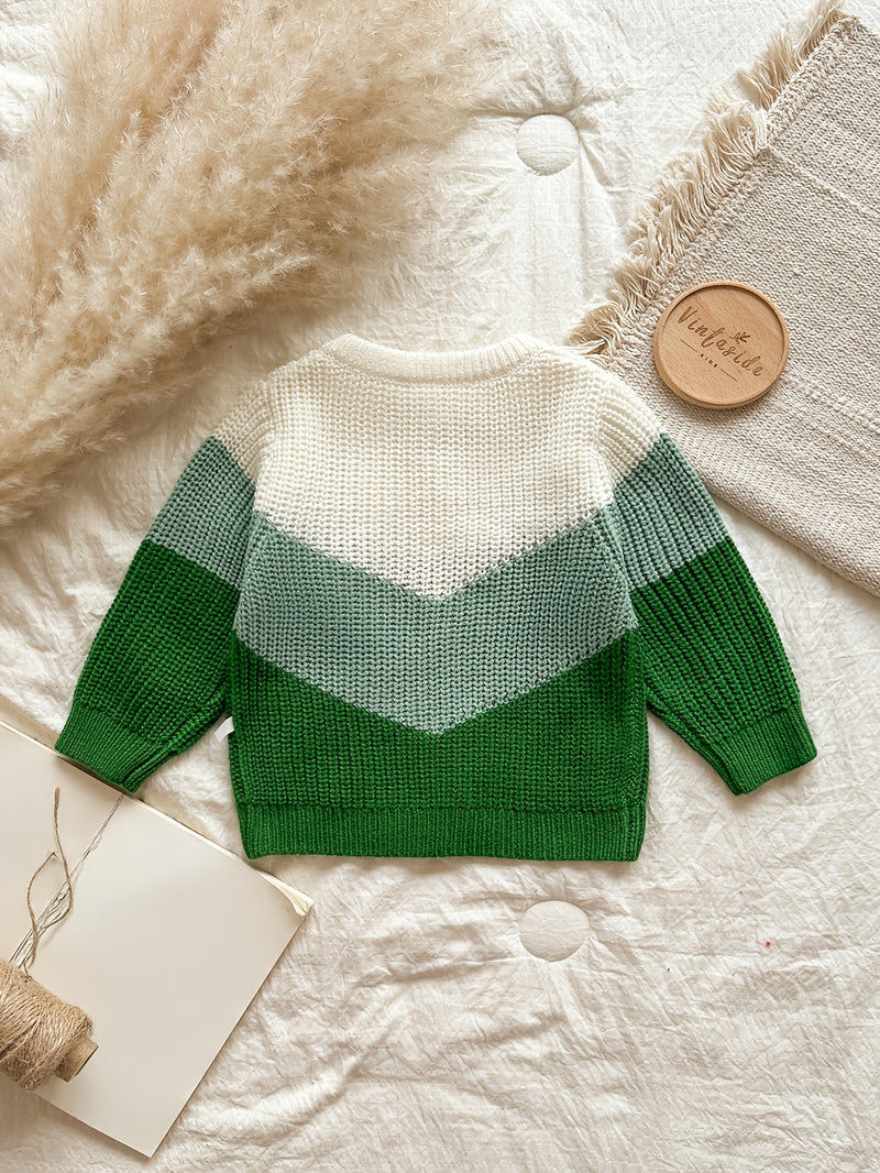 Baby Retro Tricolor Color Blocking Knitted Cardigan.