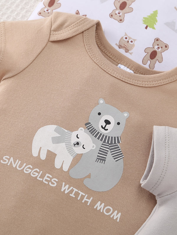 10pcs Boys' Onesies Set - Short Sleeve Snap-Fit Rompers with Bear & Animal Print.