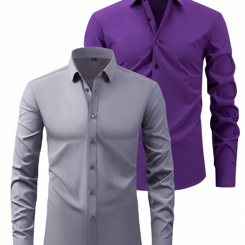 Two-Piece Set of Men's Solid Color Elastic Shirts.