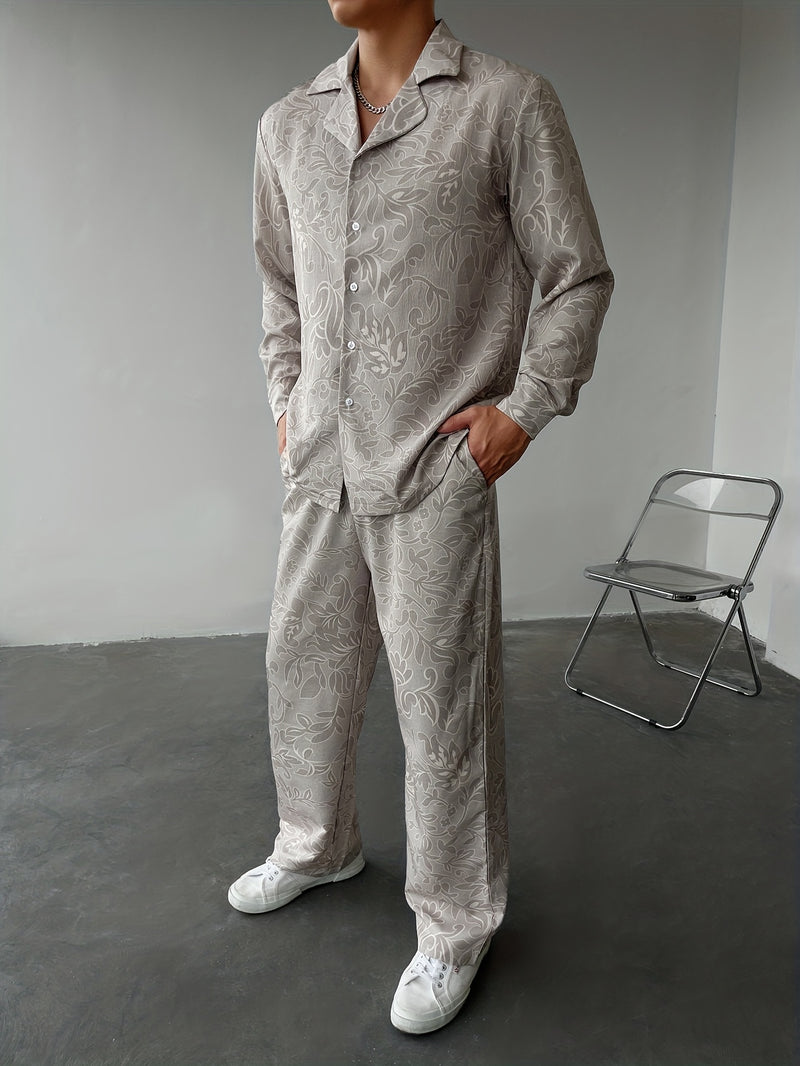 Men's Shirt Set, Casual Style, Comfortable Long-Sleeve Shirt And Pants Outfit.