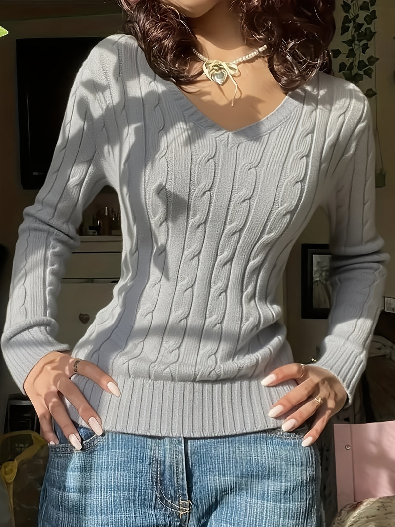 Women's Slim-Fit V-Neck Cable Sweshirt.