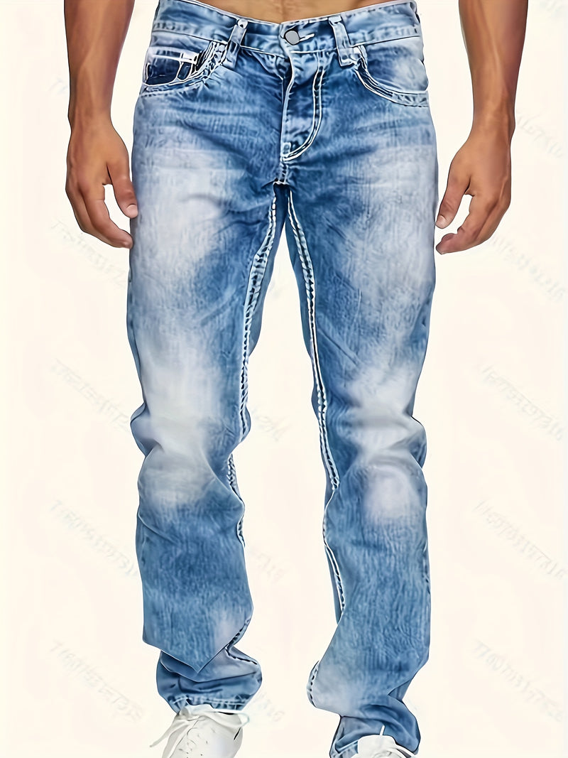 Men's Back Pocket Snowflake and Horse Hoof Stitching Heavy-duty Denim Jeans.