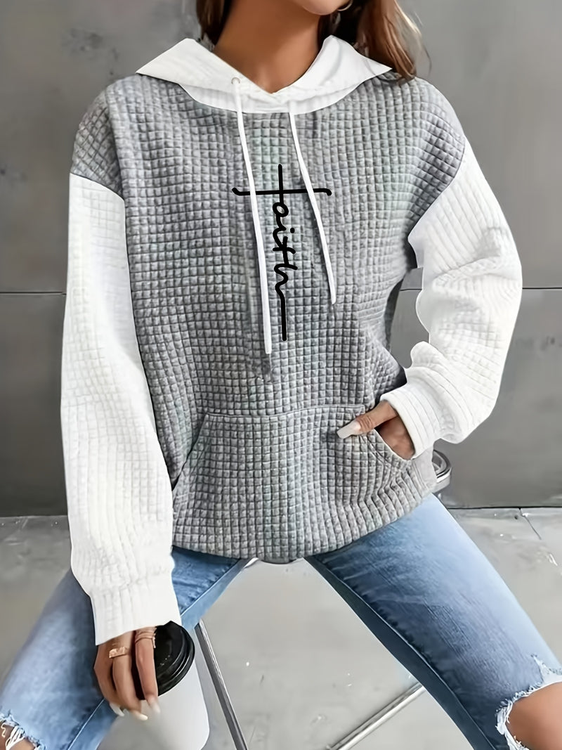 Women's Casual Oversized Hoodie with Checkered Texture & Letter Print.