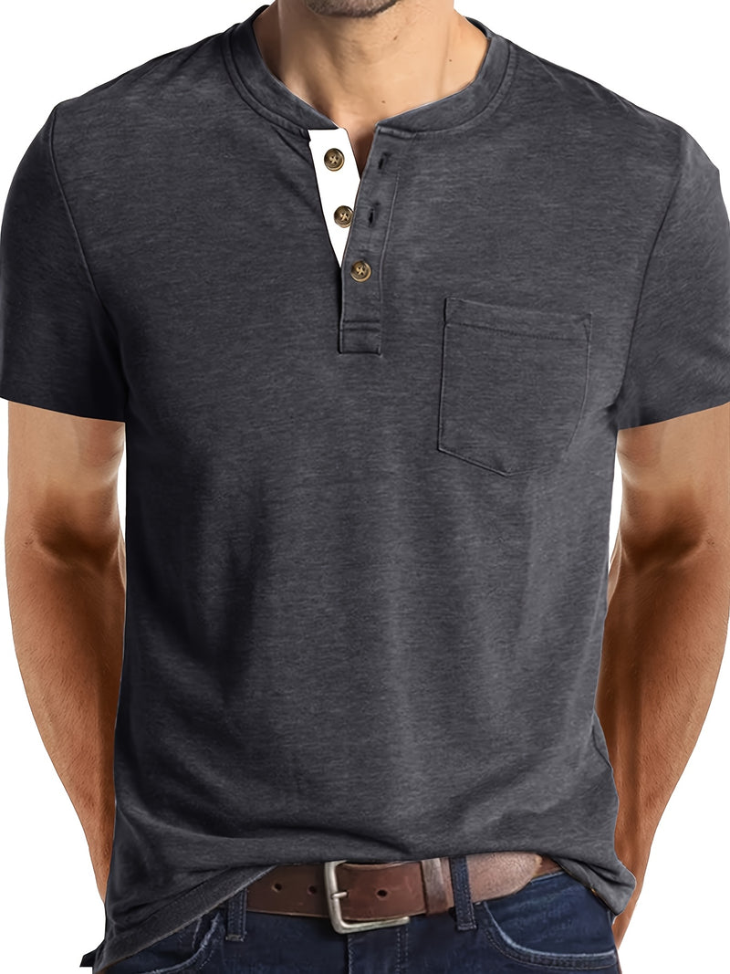 Men's Henley Round Neck Short Sleeve T-Shirt.