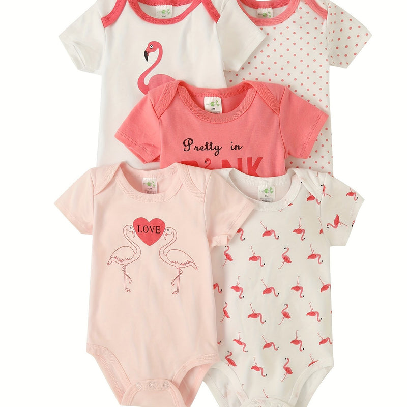 5pcs Newborn Baby Girl Bodysuit Set, Cute Casual Romper with Embroidery.
