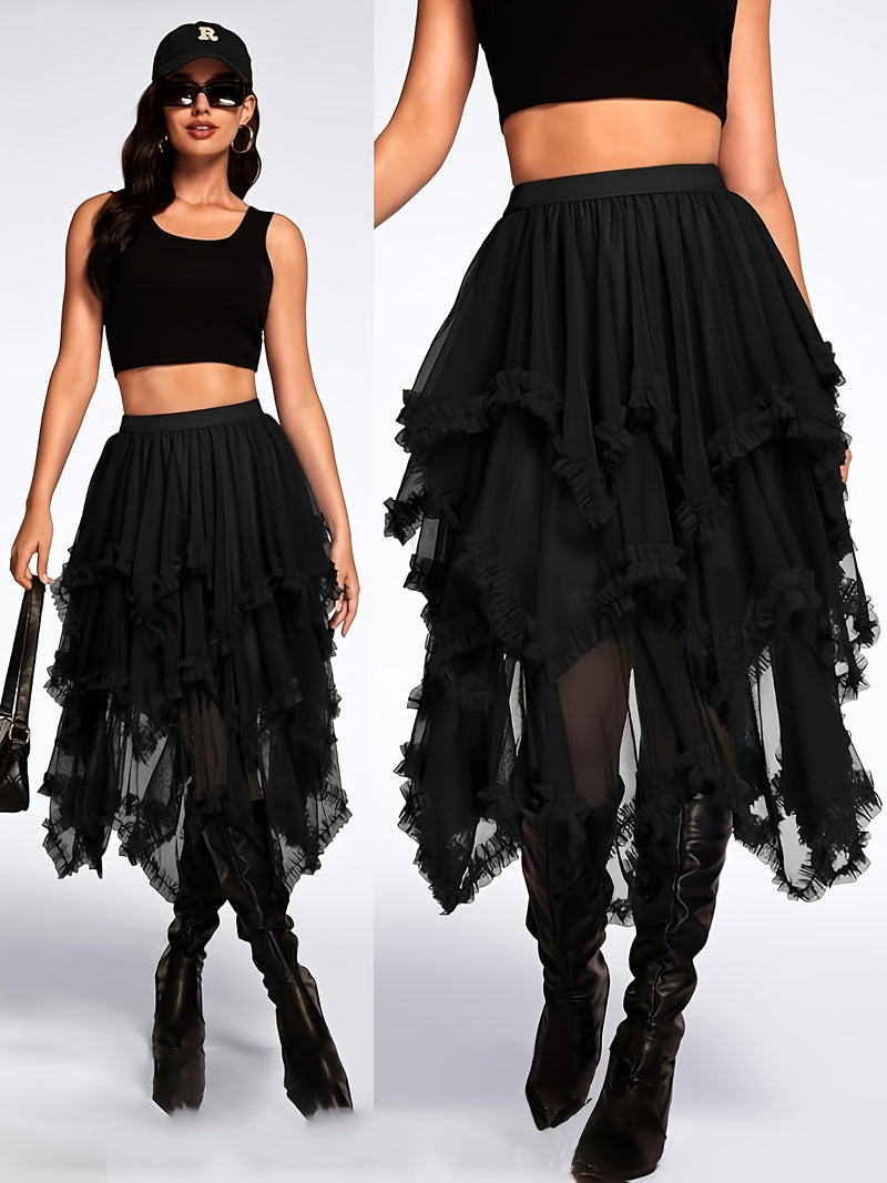 Women’s Punk-Inspired Layered Tulle Skirt with a Black Gothic Mesh.