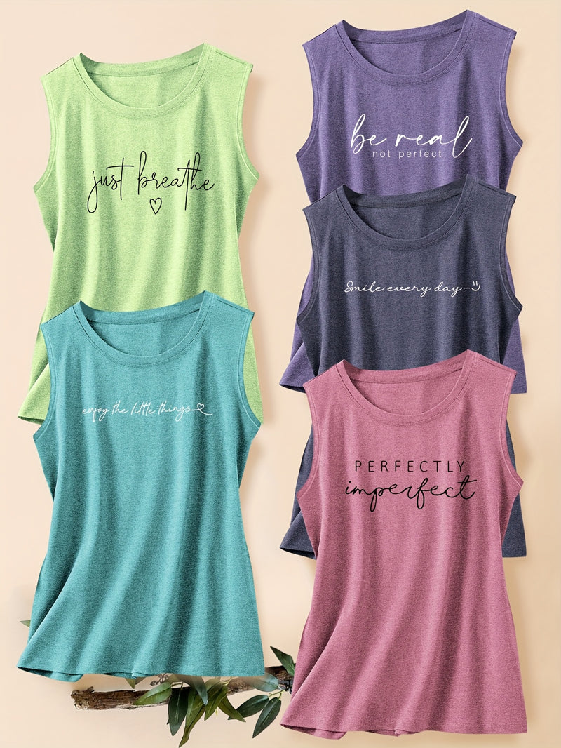 5pcs Women's Vest Tops with English Letter Print.