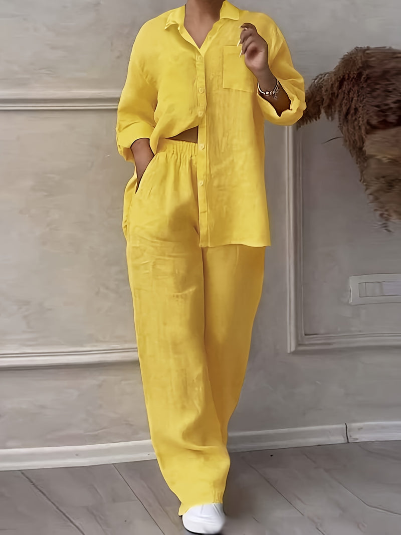 Women’s Casual Collar Cardigan and Wide-Leg Pants Set.